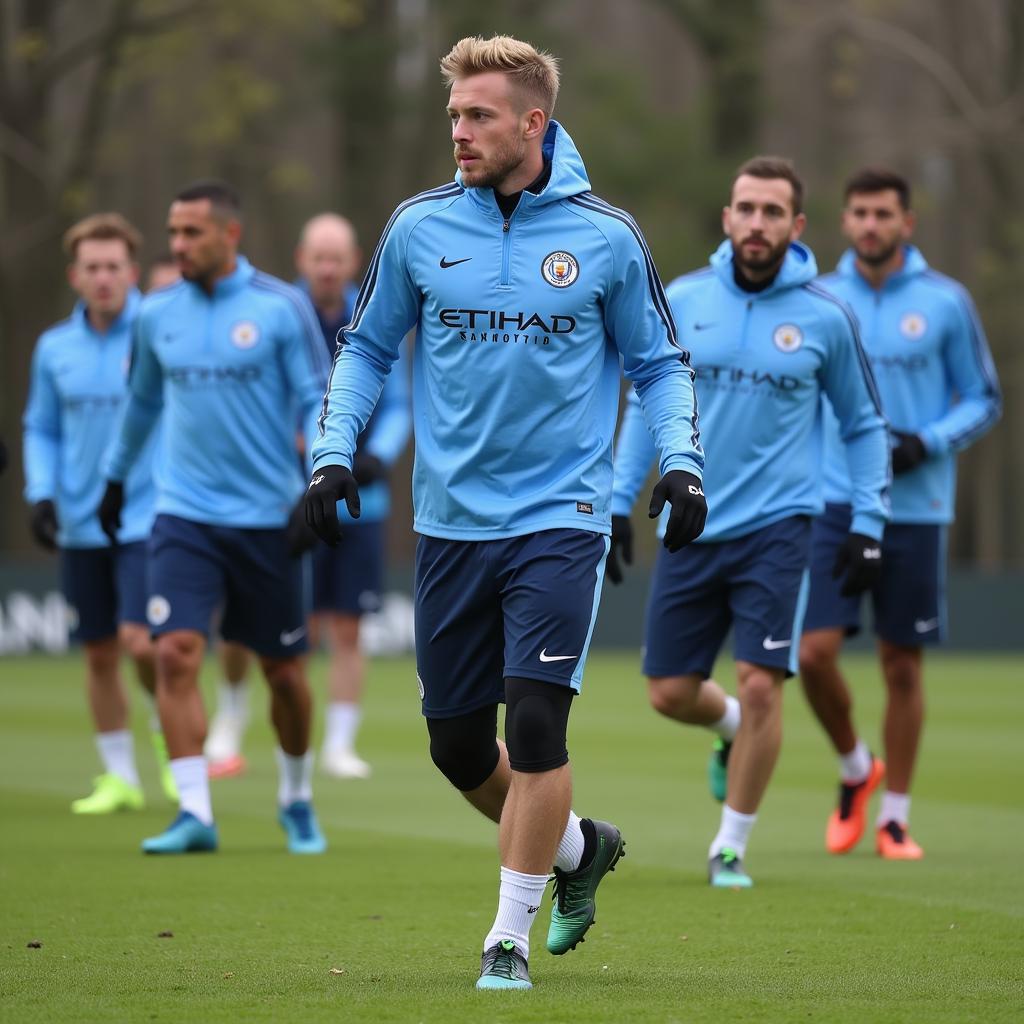 Haaland training with his Manchester City teammates.