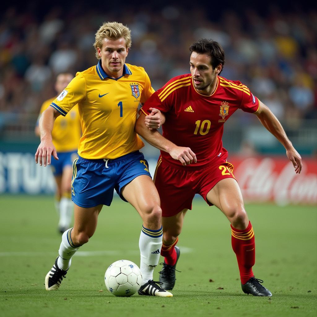 Haaland challenging a Spanish defender