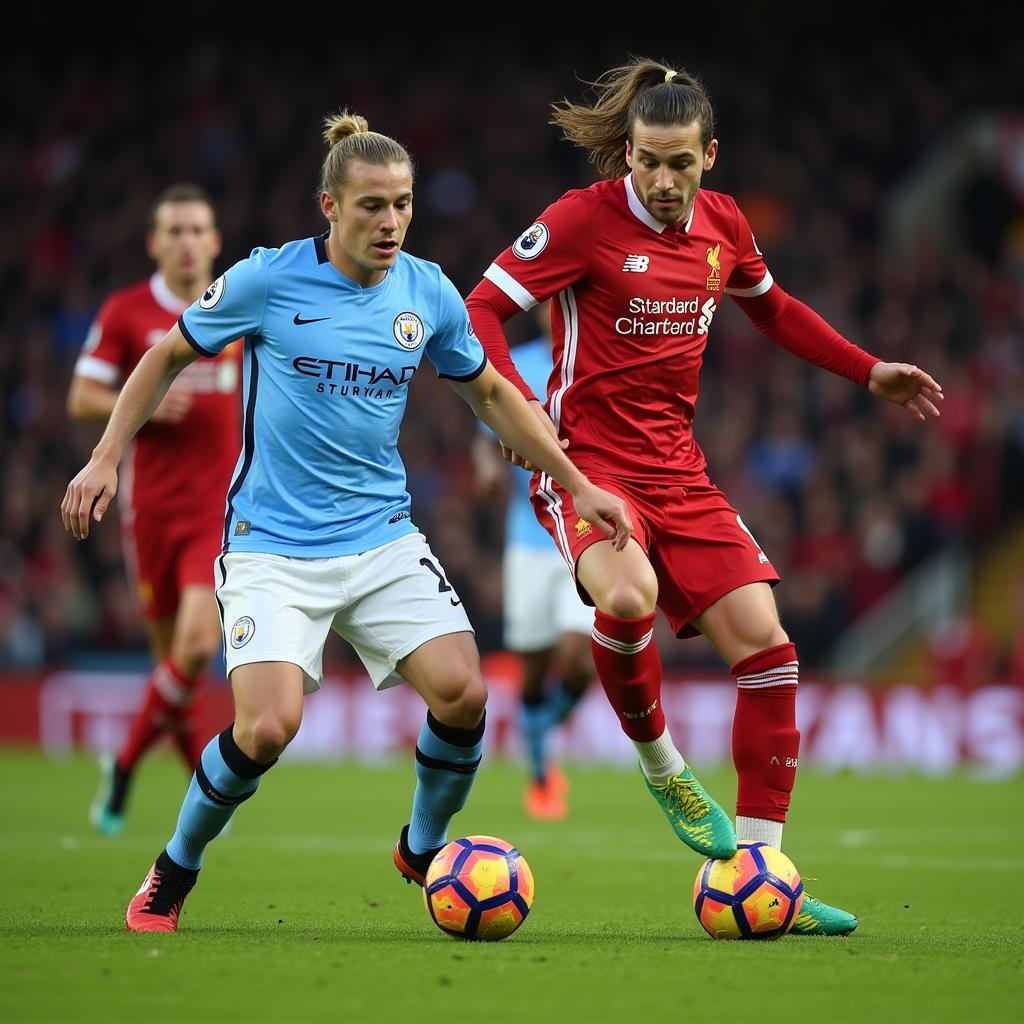 Haaland battling with Van Dijk during a Liverpool game