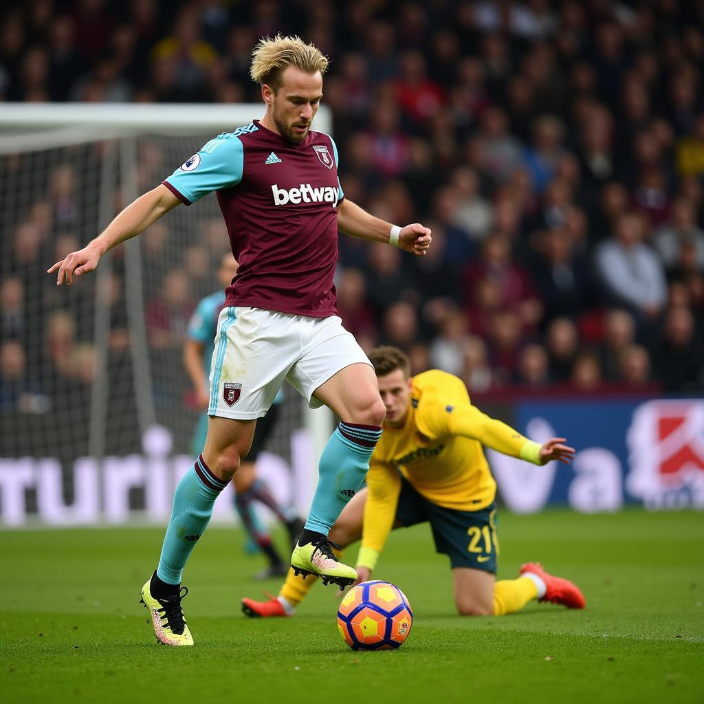 Haaland strikes the ball towards the West Ham goal