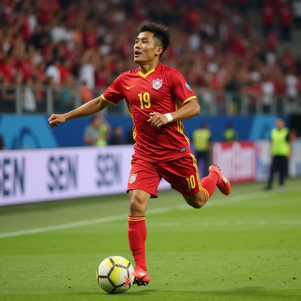 A Hai Phong player performing a personalized goal celebration