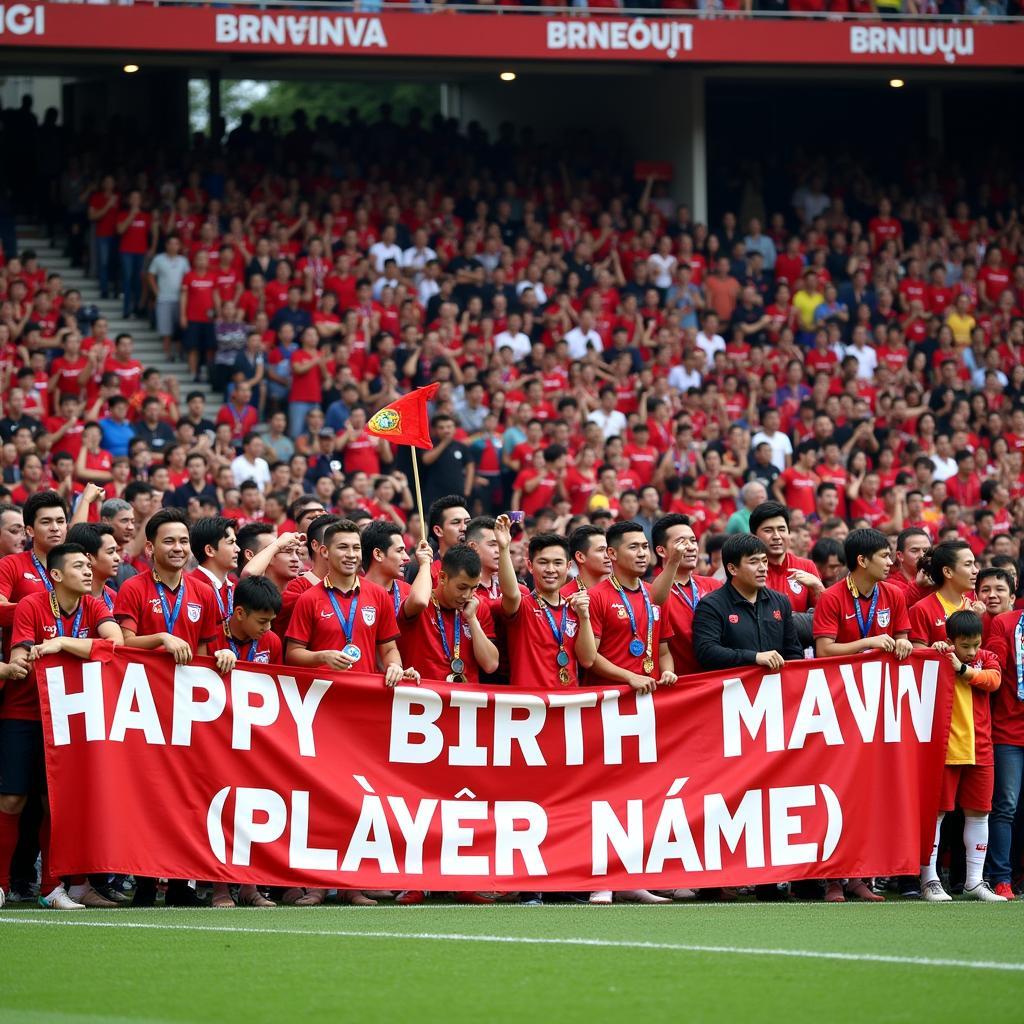 Hanoi FC fans holding a large banner wishing a player a happy birthday during a match