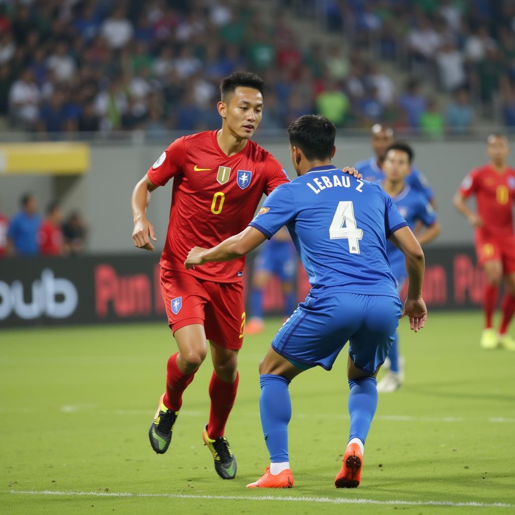 Hanoi FC's Number 4 in action during a V.League 1 match, showcasing their skills and determination on the field.