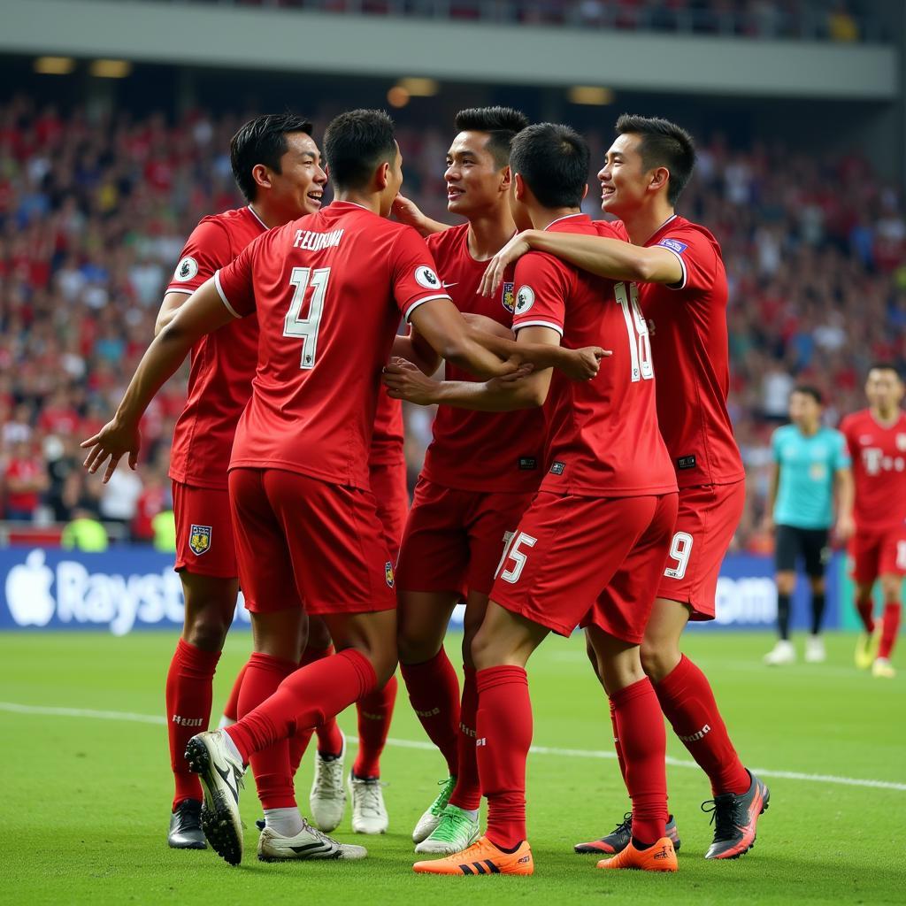 Hanoi T&T players celebrating a crucial victory in the V.League