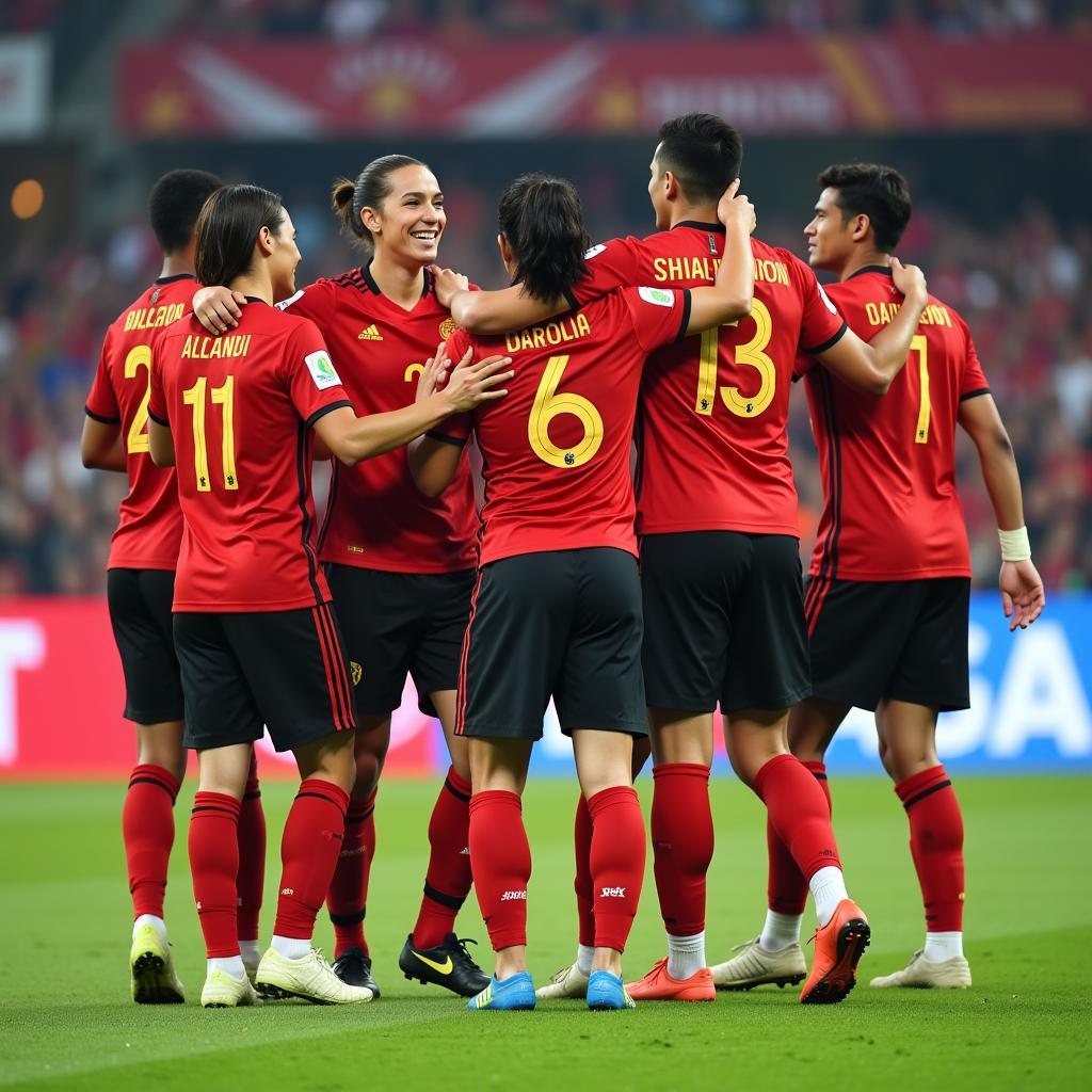 Key players of Hanoi T&T celebrating a goal, demonstrating their individual skills and contributions to the team's success.