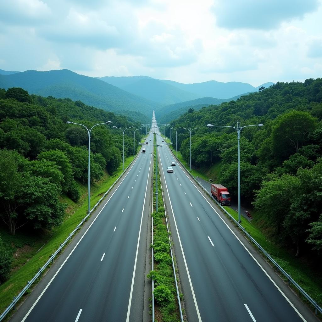 Highway leading from Ho Chi Minh City towards Cau Camet Bridge, showcasing the smooth road and surrounding landscape.