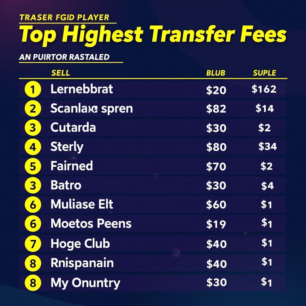 Table of Highest Transfer Fees