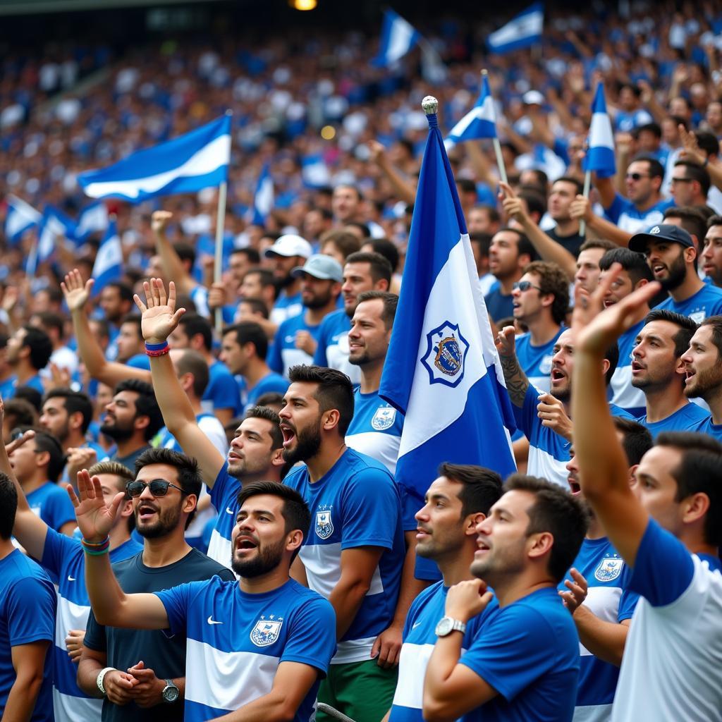 Honduran football fans celebrate a goal during a national team match.