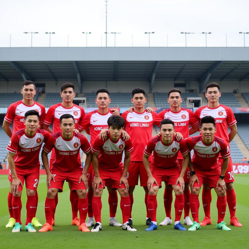 Hong Linh Ha Tinh FC squad photo: A group photo of the team in their official jerseys, posing on the field before a match.