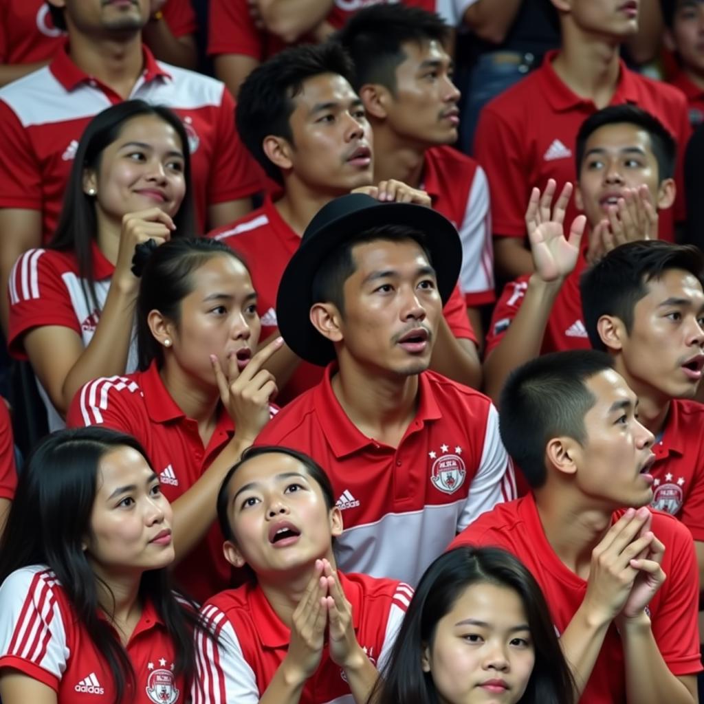 Indonesian fans reacting with mixed emotions to their team's defeat against Vietnam in an important football match.