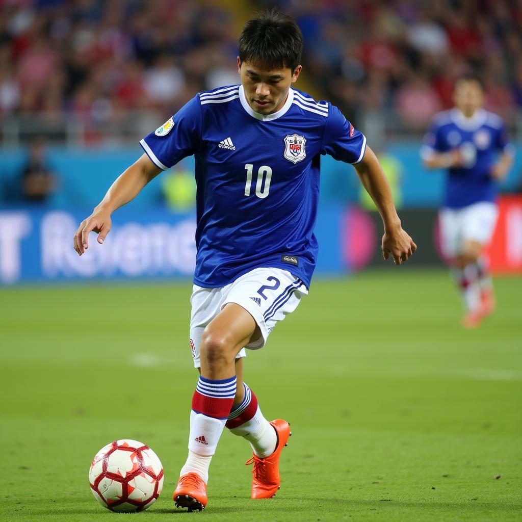 Aoyama, a Japanese football player, dominates the midfield with precision and skill.