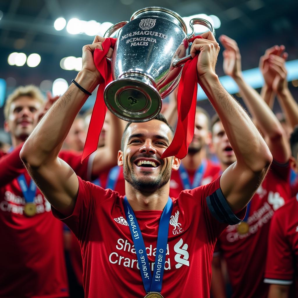 Jordan Henderson lifting the Champions League trophy