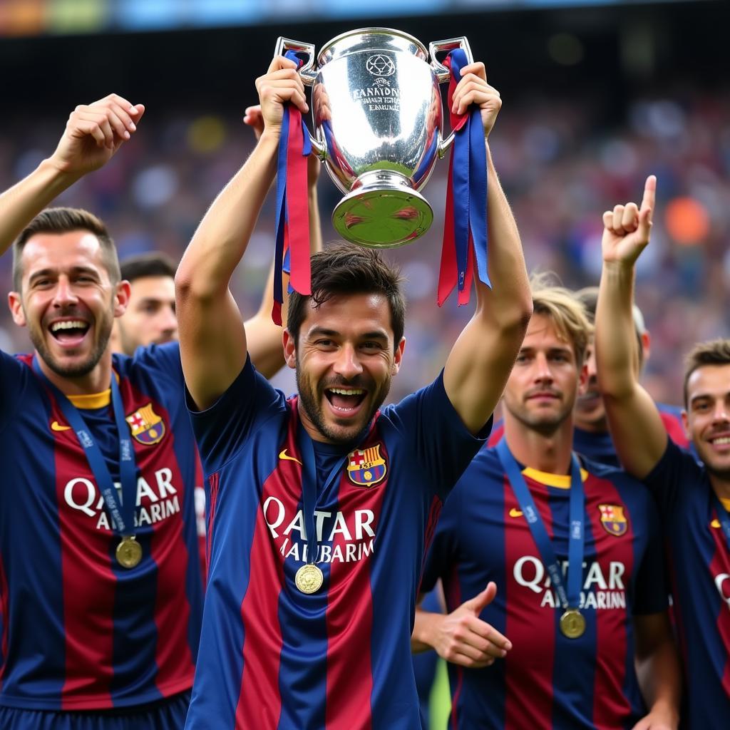 Jordi Alba celebrates a Champions League victory with his Barcelona teammates.