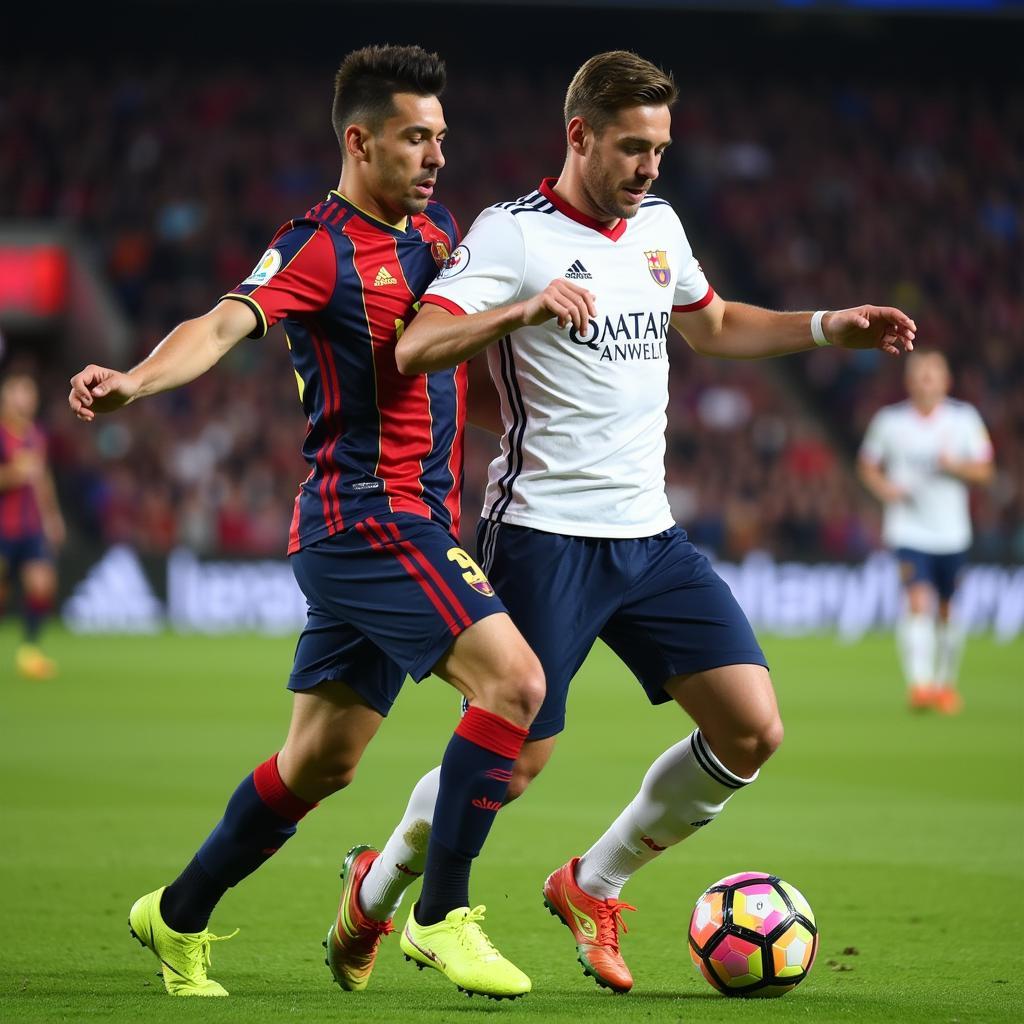 Jordi Alba showcases his defensive skills, skillfully blocking an opposing player.