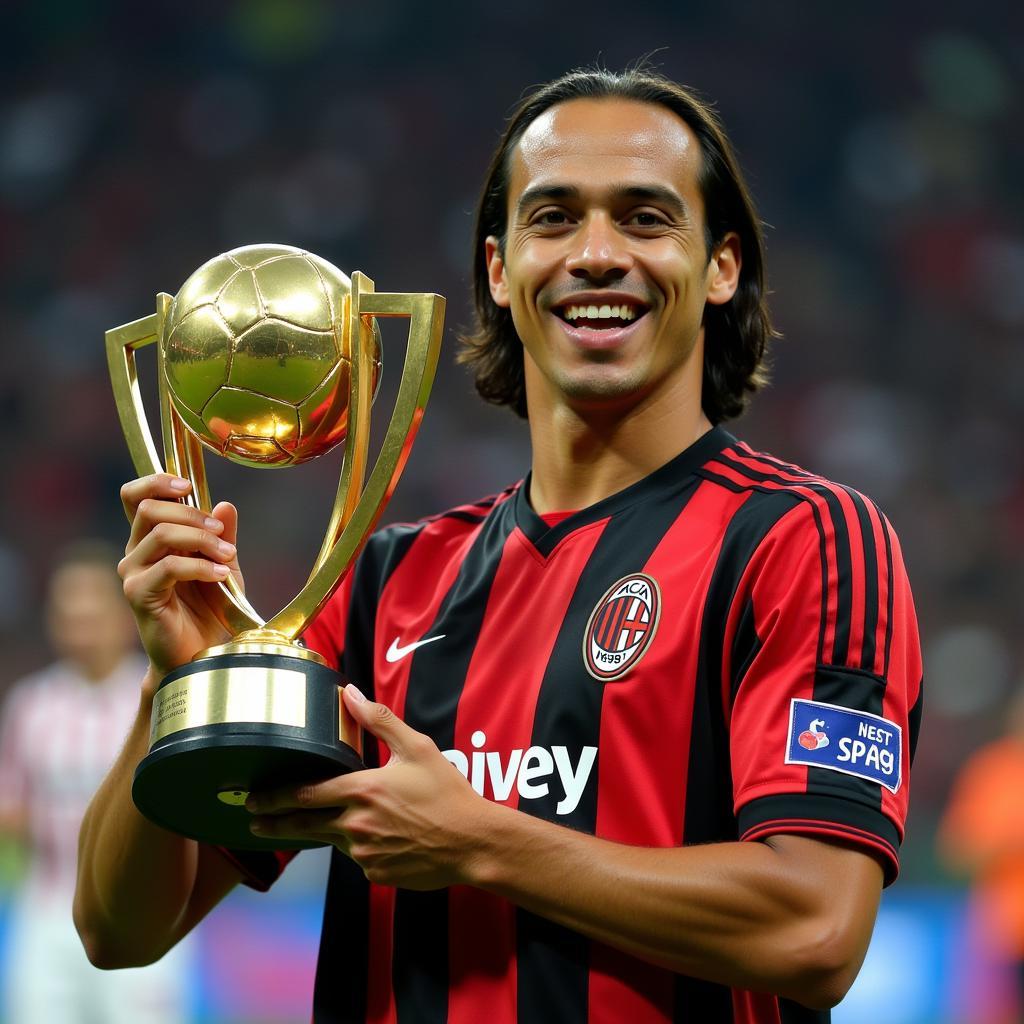 Kaka holding the Ballon d'Or trophy in 2007, wearing his AC Milan jersey.