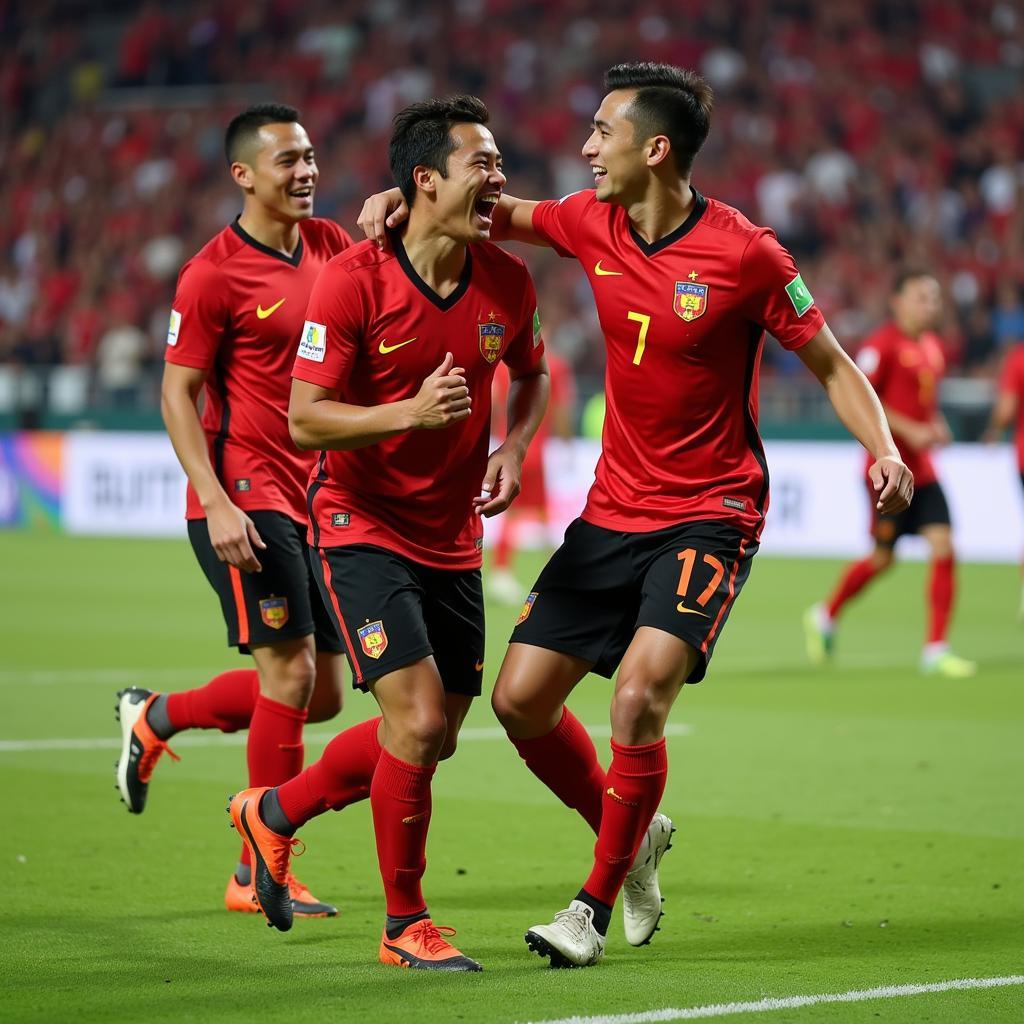 Lê Minh Bình celebrating a goal with his teammates.