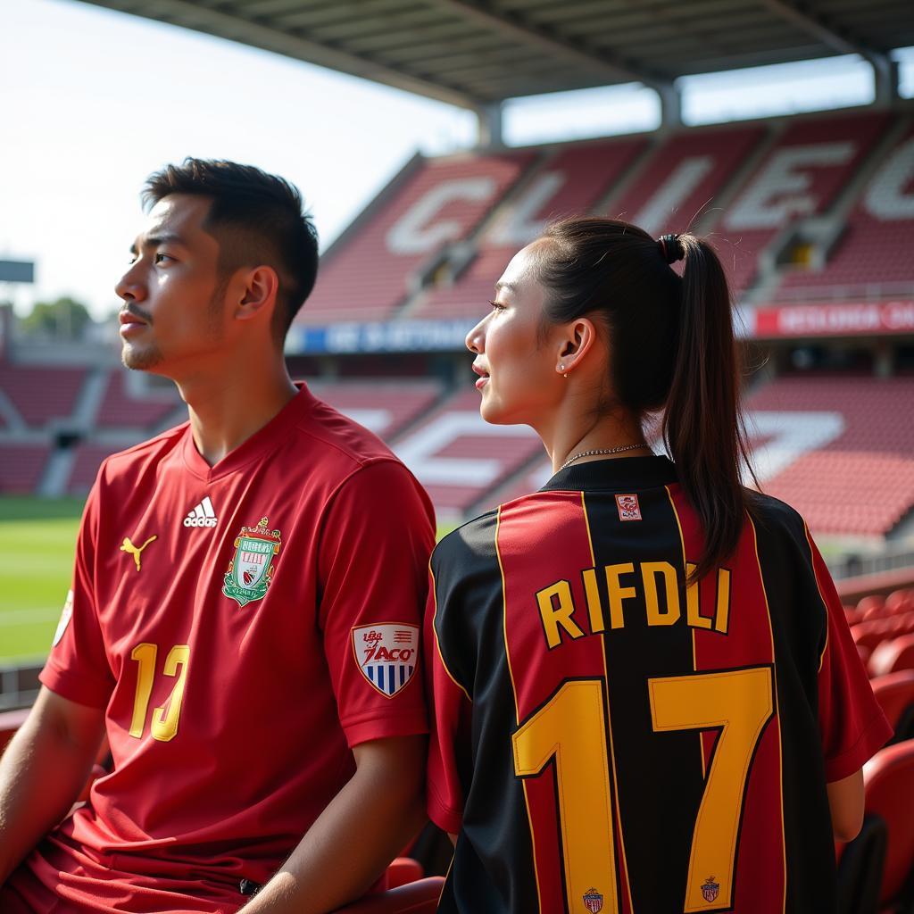 Le Tan Tai's wife in the stands cheering him on during a football match.