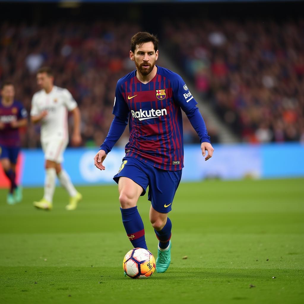 Lionel Messi in 2019, showcasing his iconic football skills and hinting at his financial success.