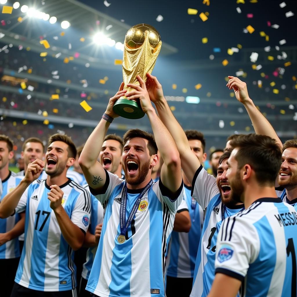 Lionel Messi Lifting the World Cup Trophy