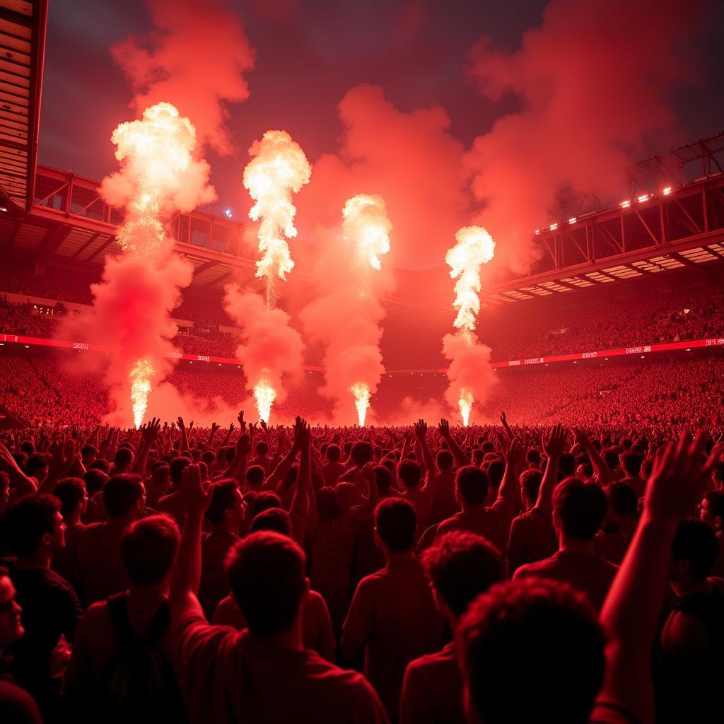 Liverpool fans celebrating at Anfield.