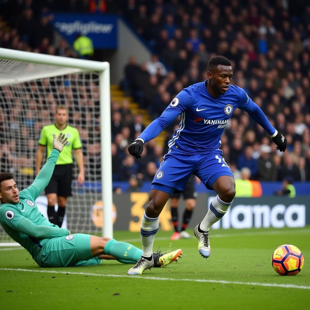 Romelu Lukaku scoring a goal for Chelsea in a Premier League match.