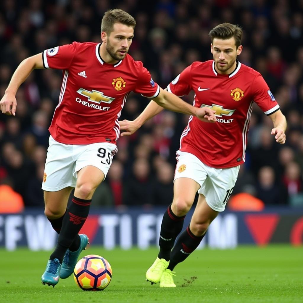 Luke Shaw supporting the Manchester United attack with an overlapping run down the left wing, delivering a precise cross into the penalty box.