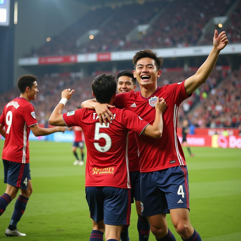 Maeda Daizen celebrating a goal with his teammates.