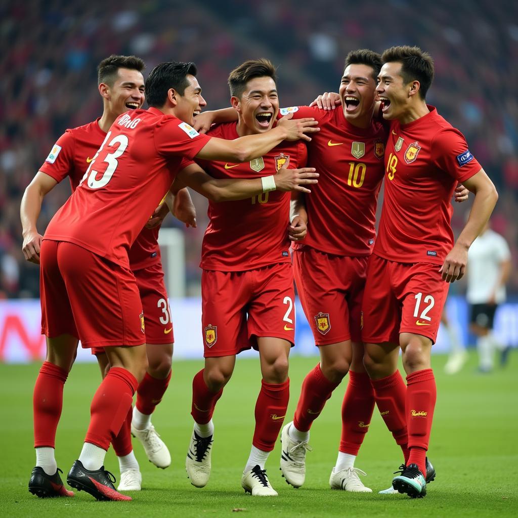 Mai Tien Dung celebrating a goal with his teammates, showcasing the joy and camaraderie within the team.