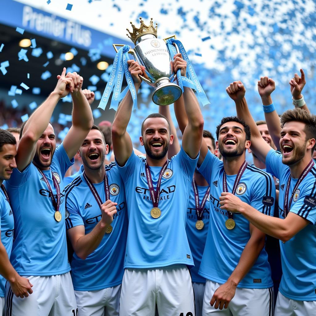 Manchester City Players Lifting the Premier League Trophy