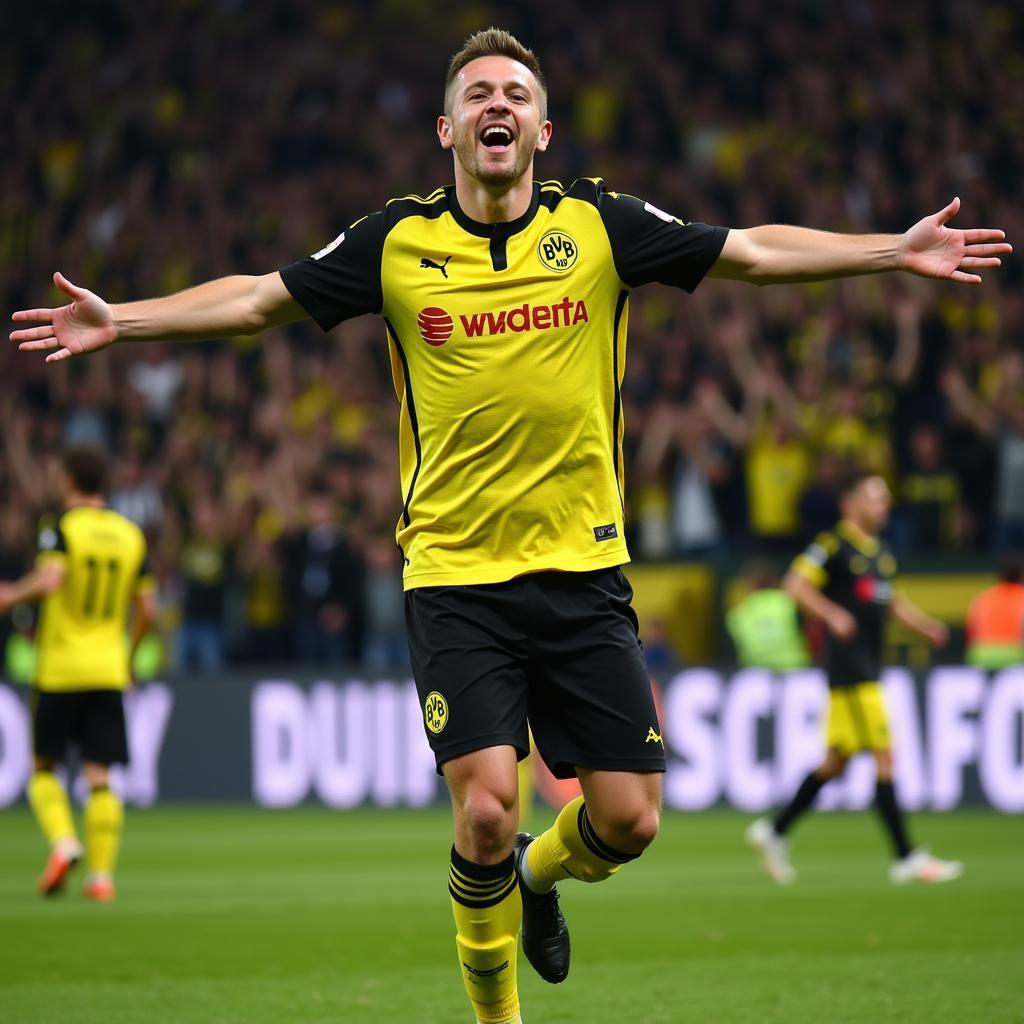 Marco Reus celebrating a goal in a Borussia Dortmund jersey