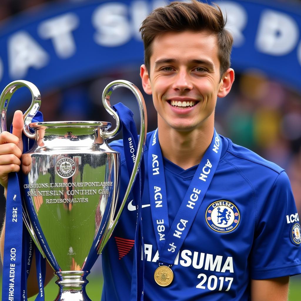 Mason Mount celebrating with the Champions League trophy