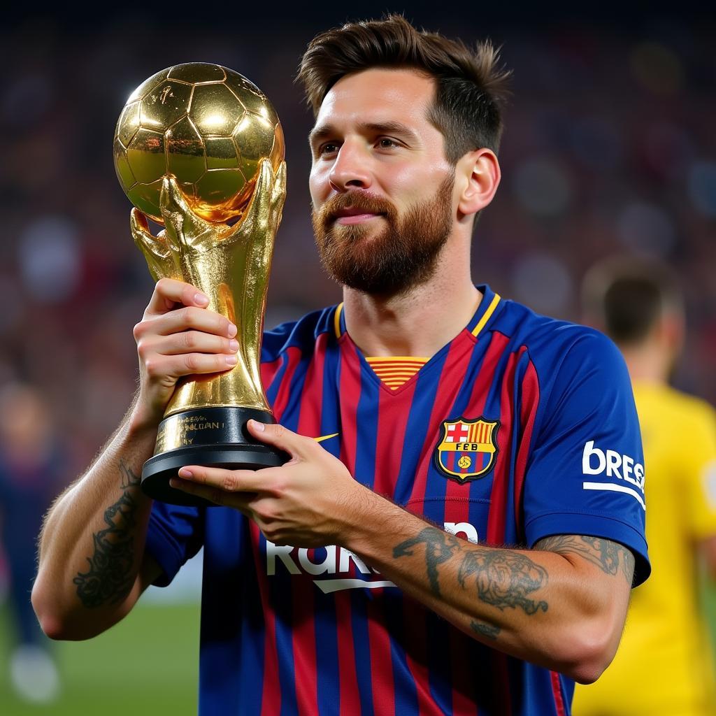 Lionel Messi with his 2019 Ballon d'Or