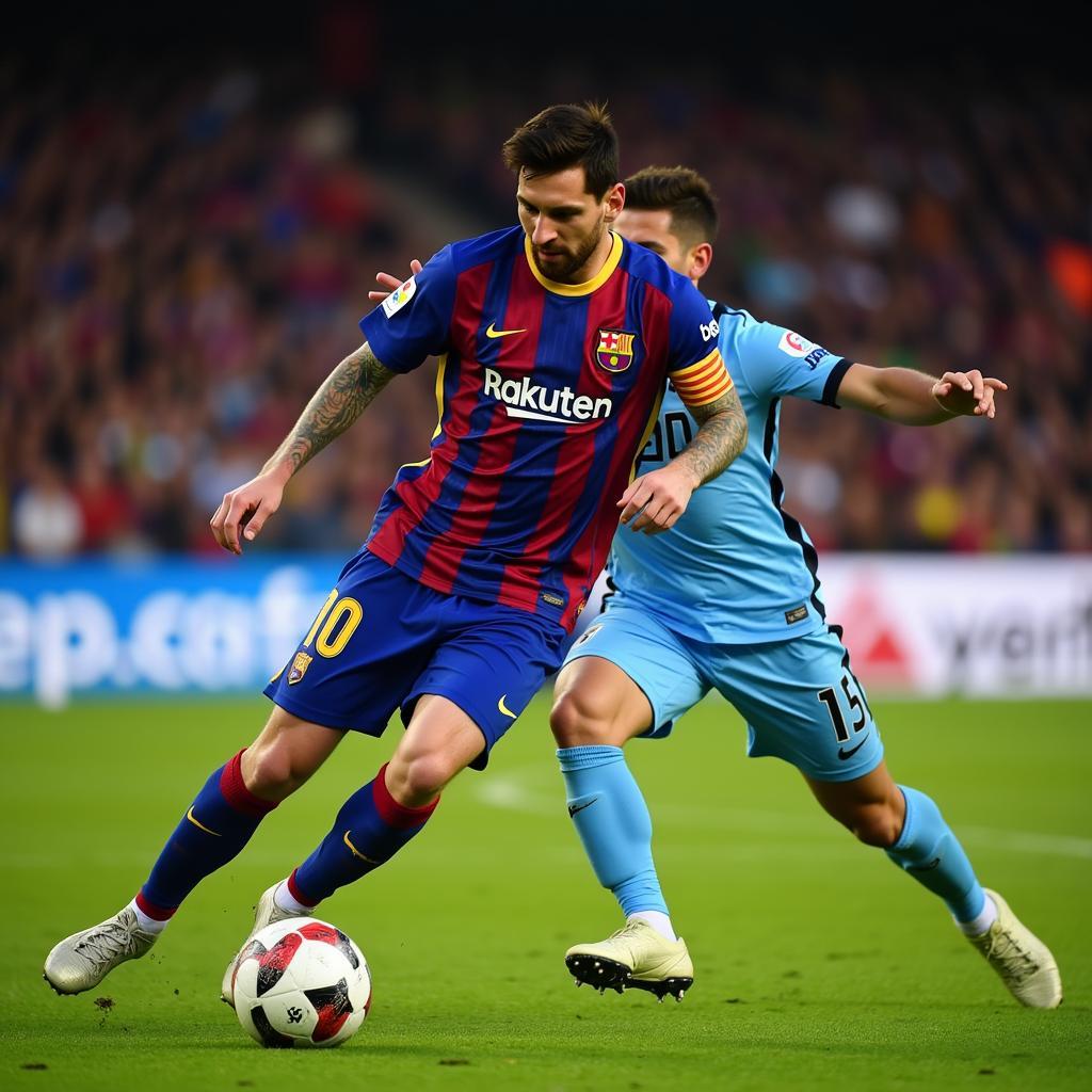 Lionel Messi skillfully dribbles past a defender, showcasing his agility and ball control.