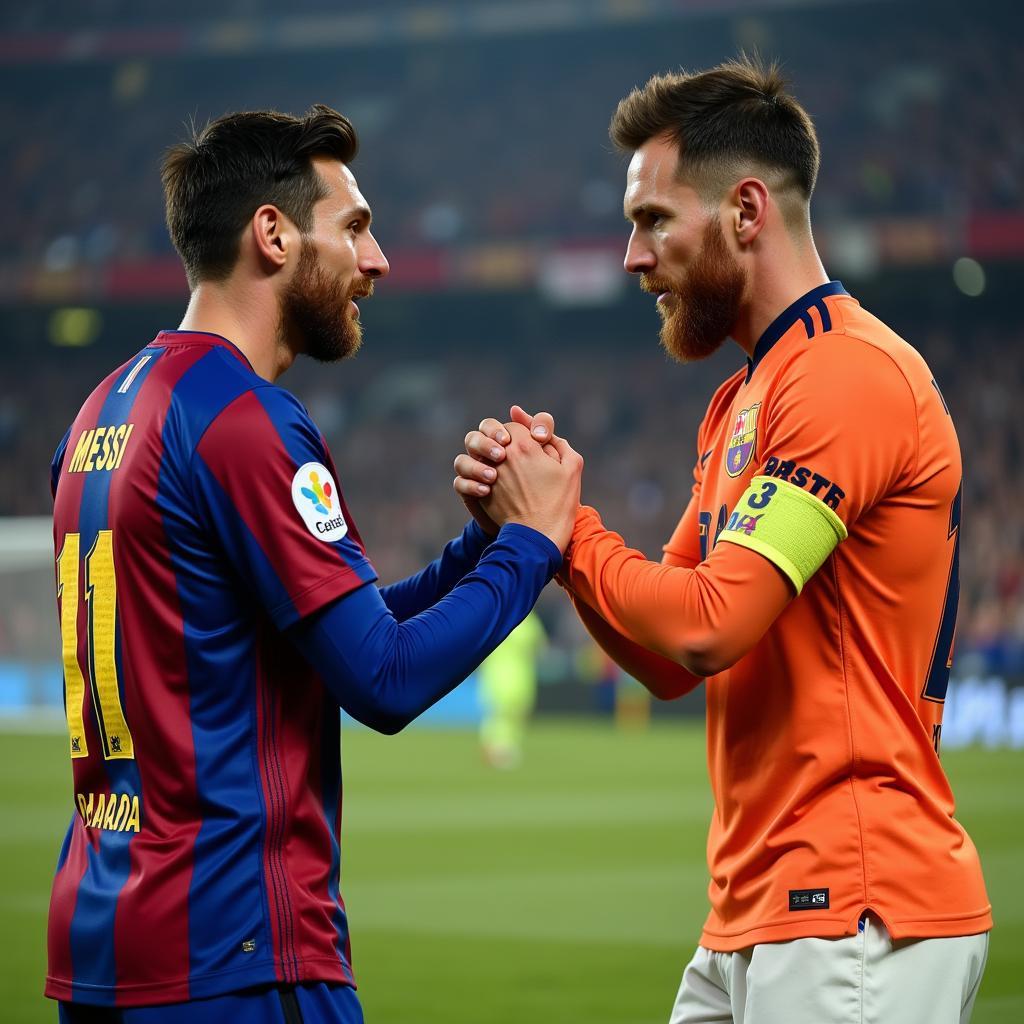 Messi and Haaland shaking hands after a match, showing respect for each other.