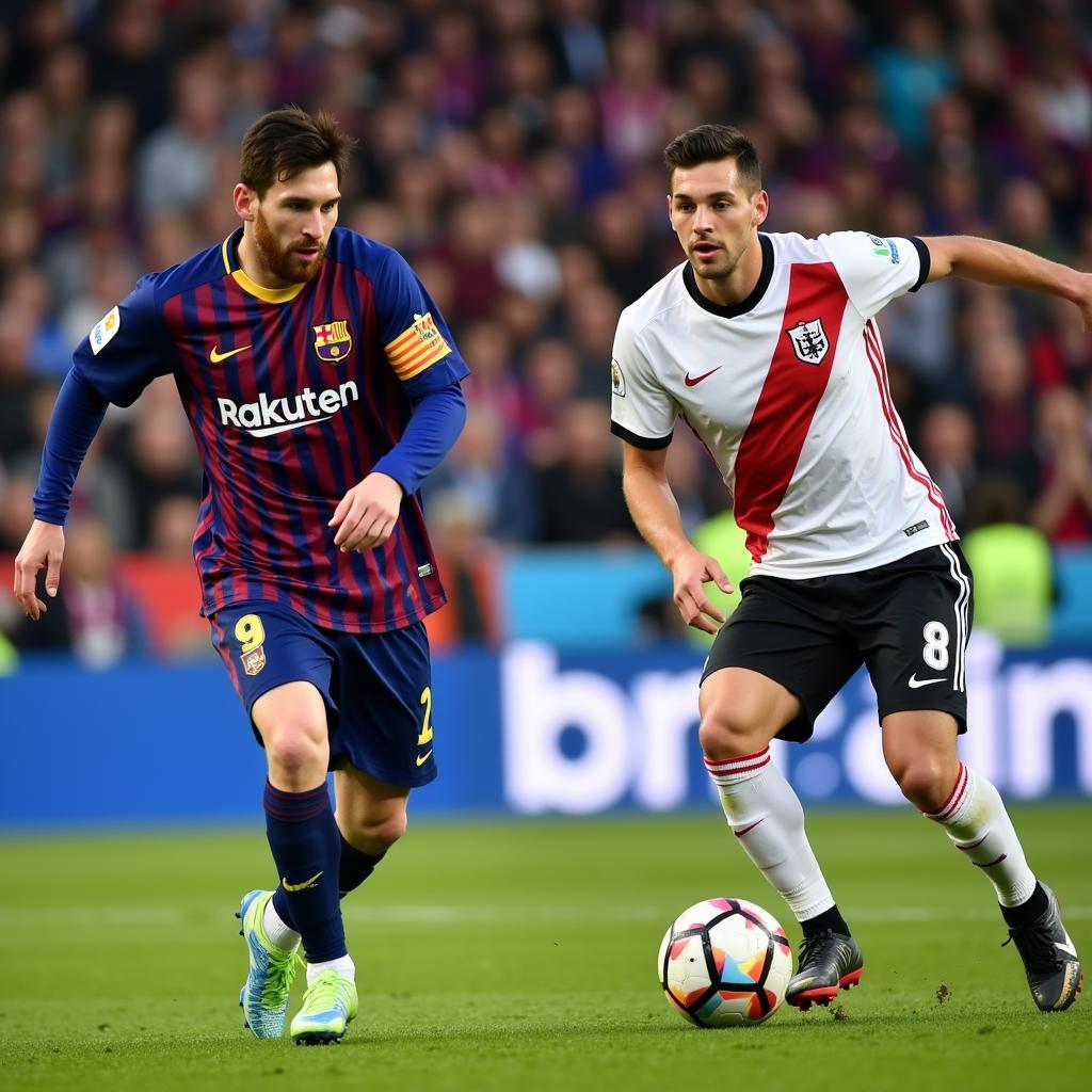 Messi and Haaland on the field during a hypothetical match, showcasing their contrasting styles.