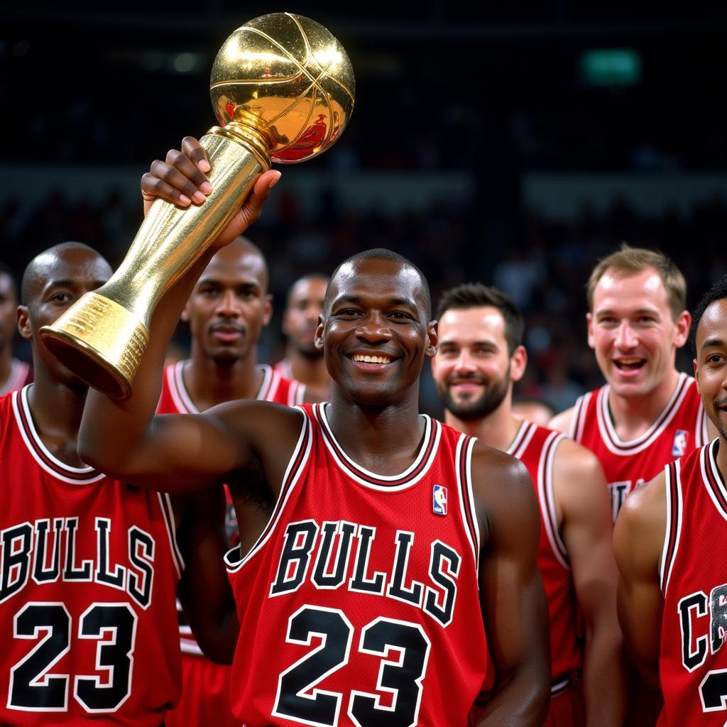 Michael Jordan holding the NBA Championship trophy, surrounded by his Chicago Bulls teammates.