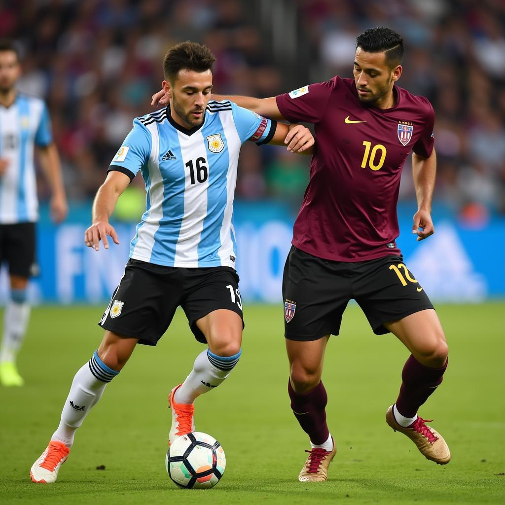 Midfielders battling for possession during the Argentina vs. Qatar game