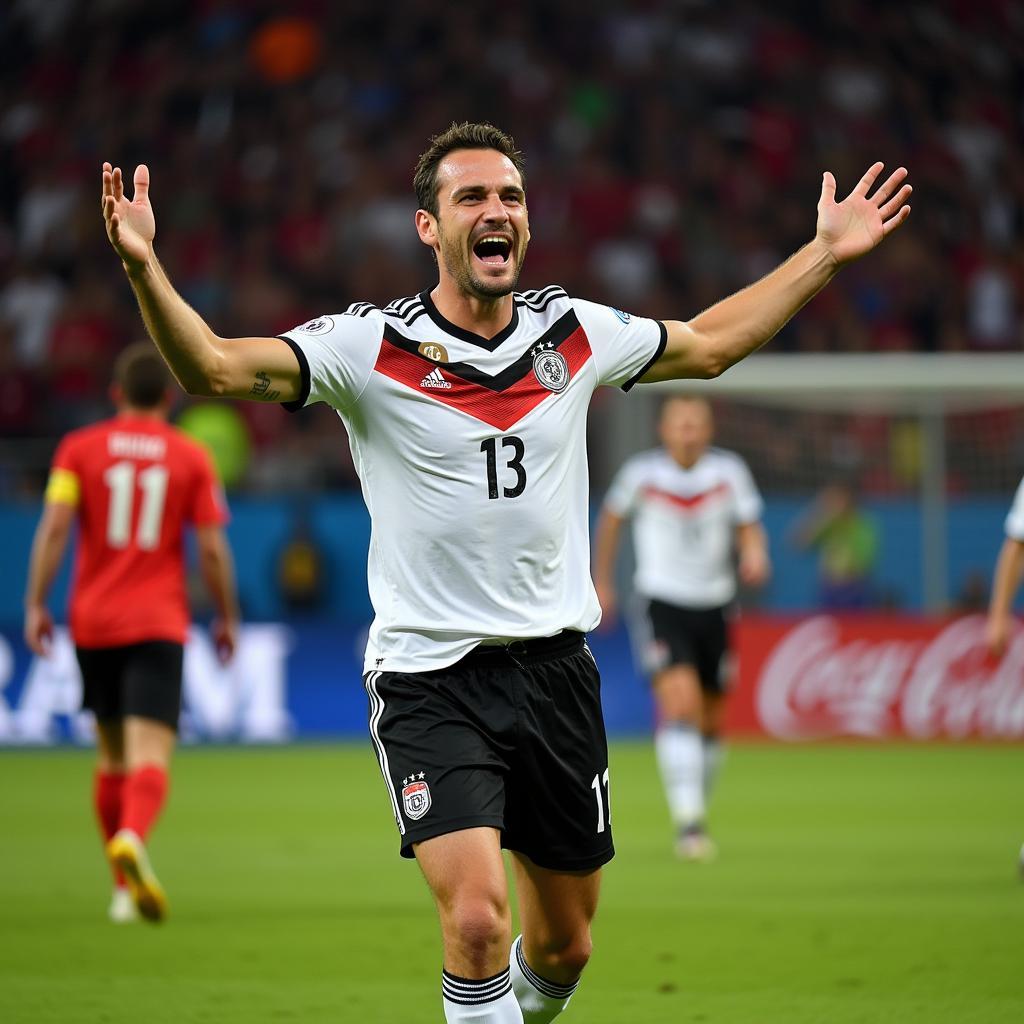 Miroslav Klose celebrates scoring a crucial goal during a World Cup match, highlighting his passion and dedication to the German national team.