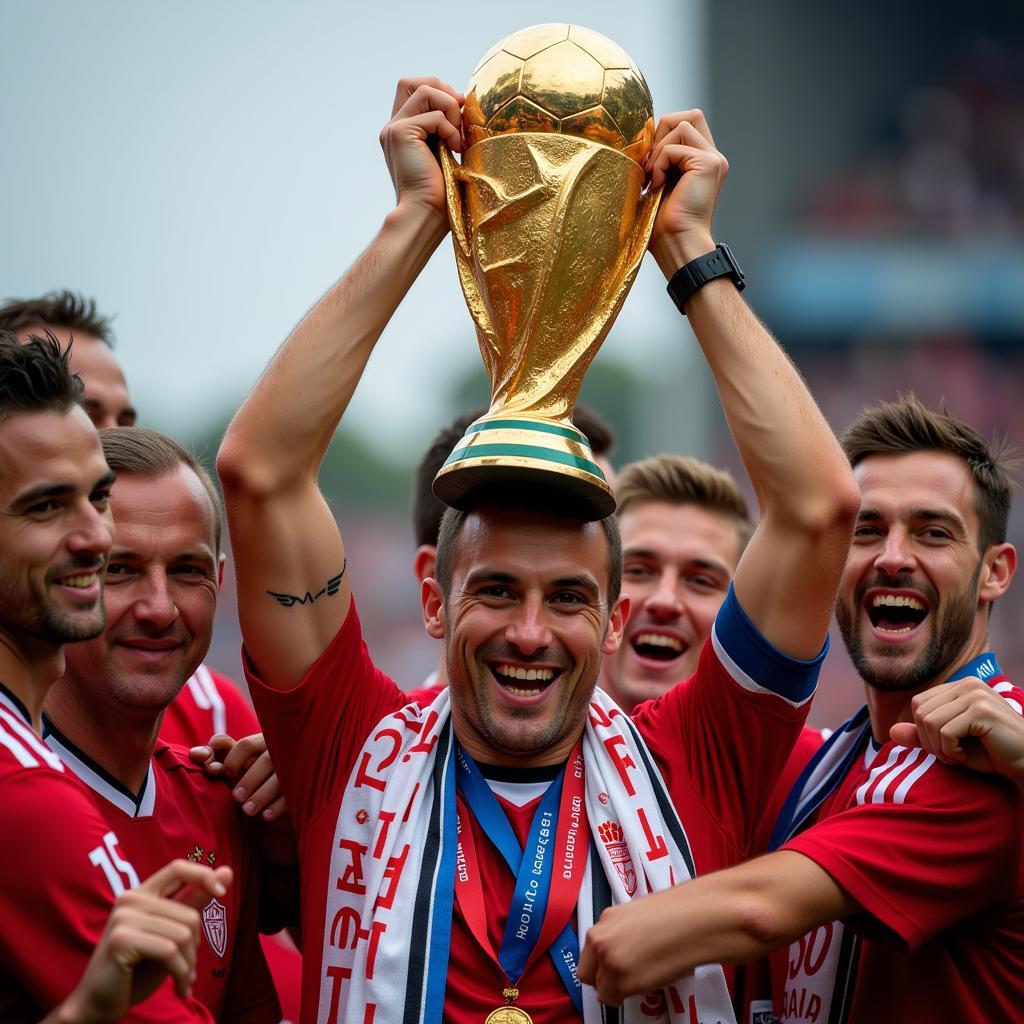 Miroslav Klose holds the coveted World Cup trophy aloft after Germany's triumphant victory, a testament to his remarkable contribution to the team's success.