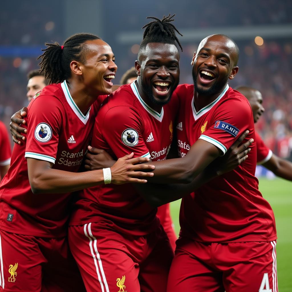 Naby Keita celebrates a Champions League victory with Liverpool.