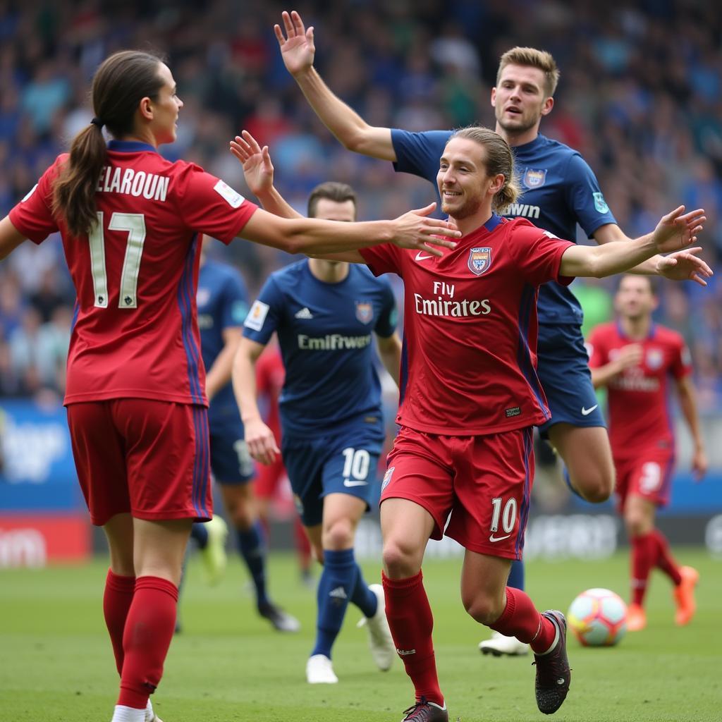 Nathan celebrating a goal with his teammates