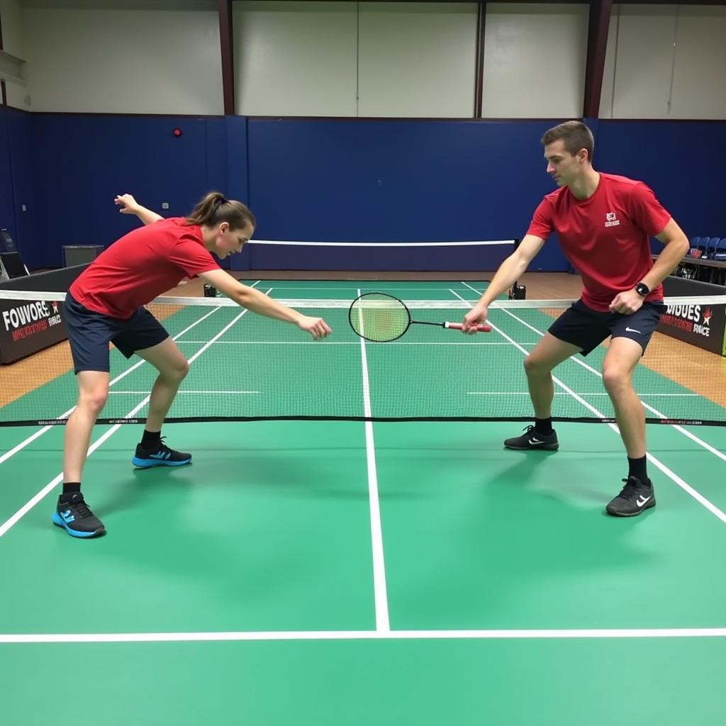 Players practicing badminton net defense drill