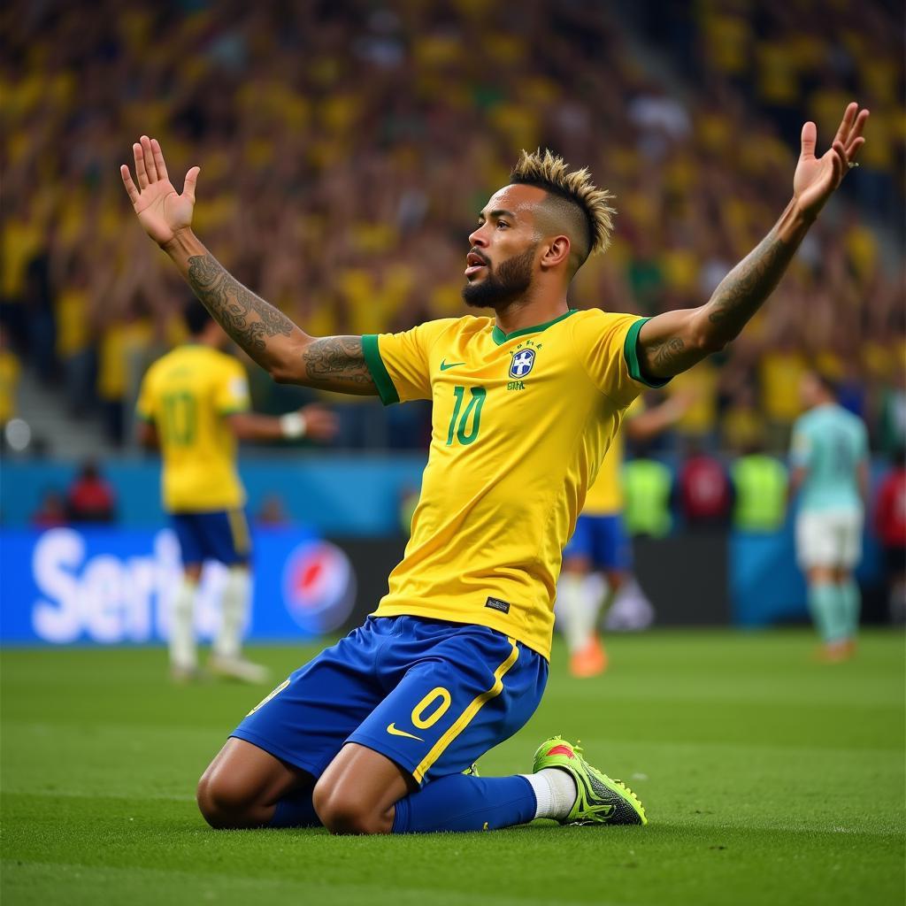 Neymar scores a goal in a packed stadium