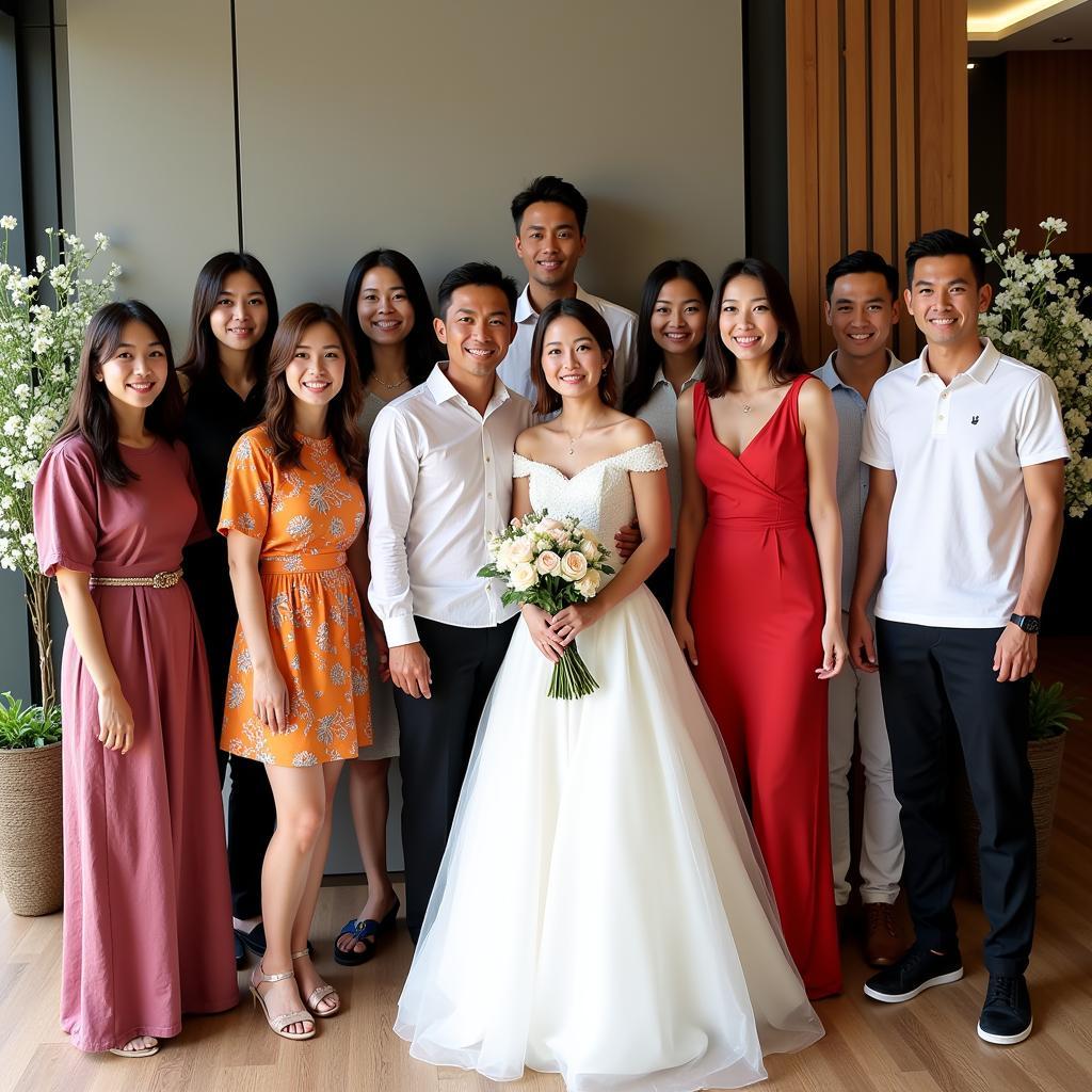 Ngo Hoang Thinh and his bride posing with guests at the wedding