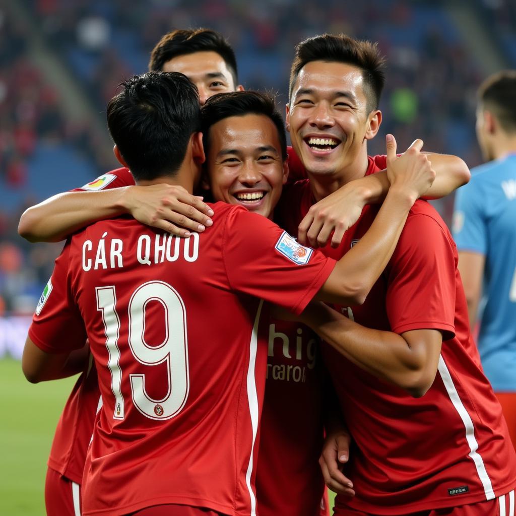 Ngo Tung Quoc Can Tho celebrating a goal with his teammates.