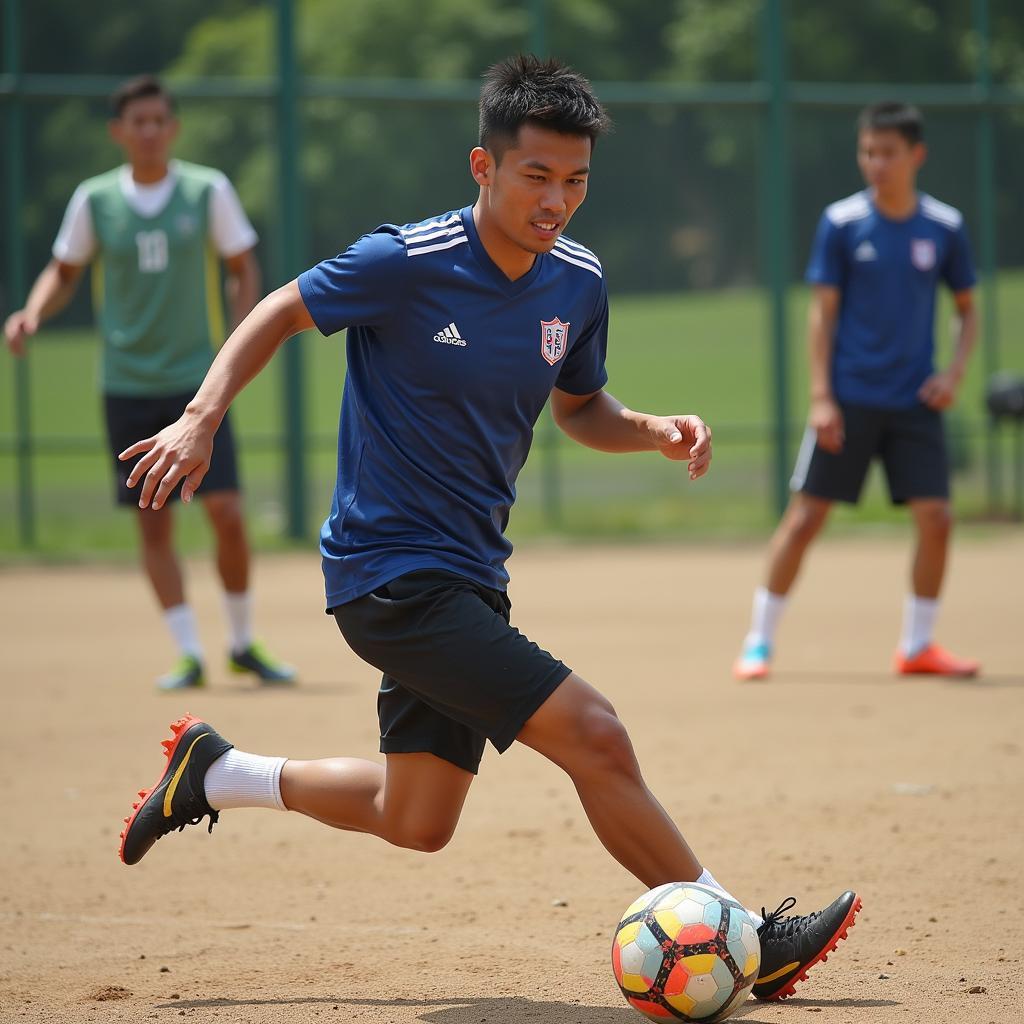 Nguyen Chi Bao diligently practicing his football skills during a training session.