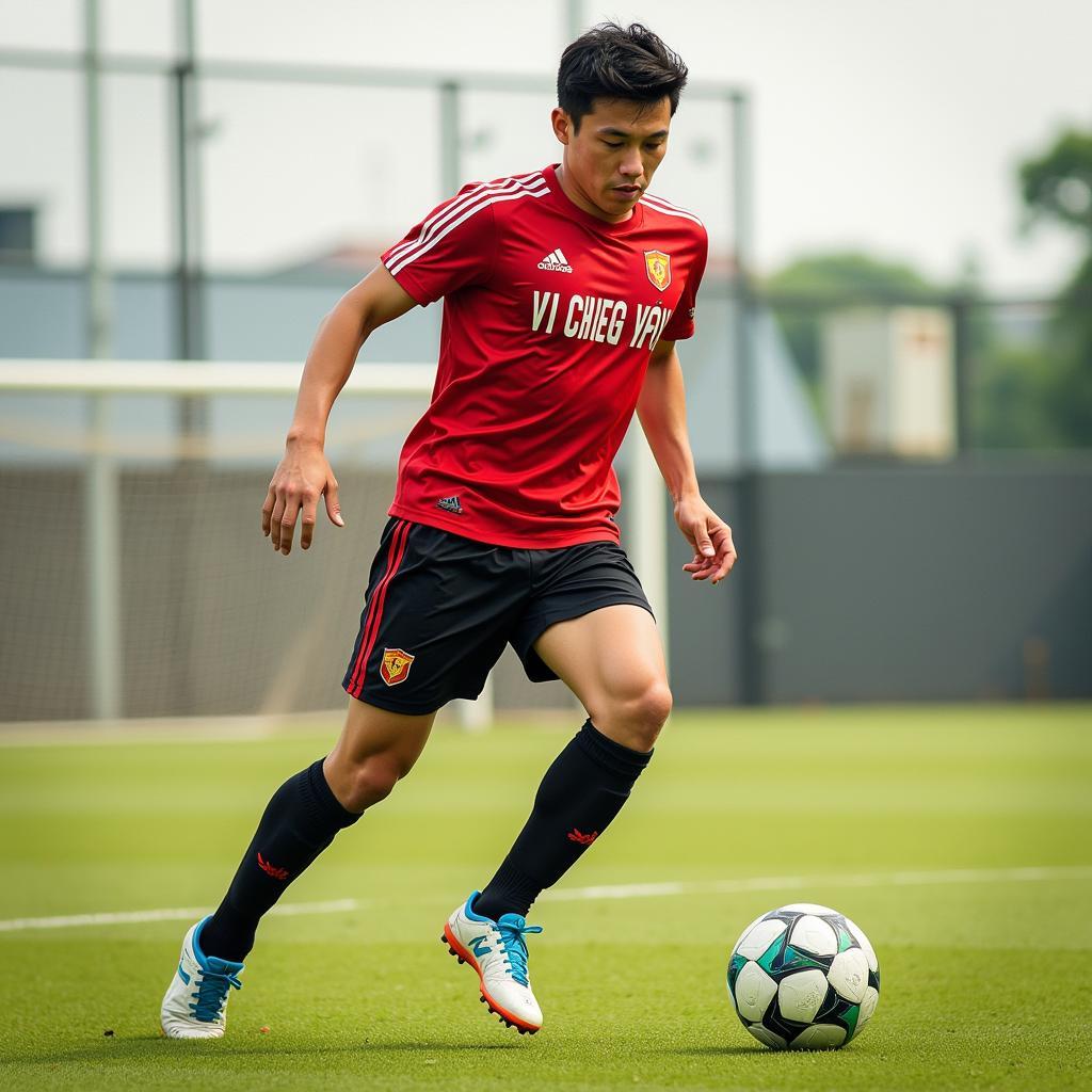 Vietnamese footballer Nguyen Duc Hieu in action