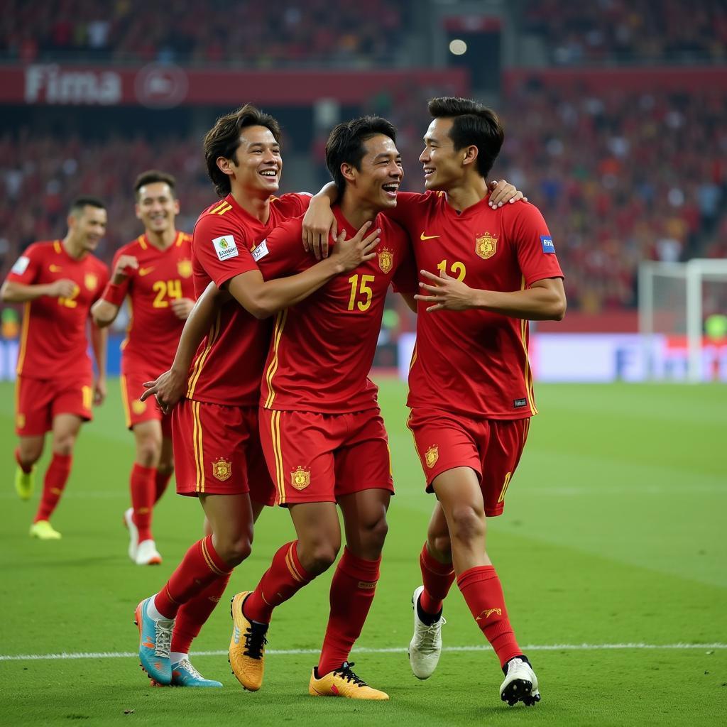 Nguyen Hung Dung celebrating a goal with his Vietnamese teammates, showcasing his leadership and importance to the team.