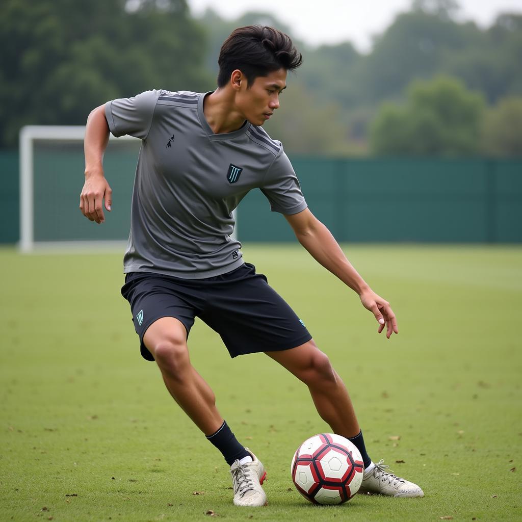 Nguyen Ngoc Duy practicing his football skills.