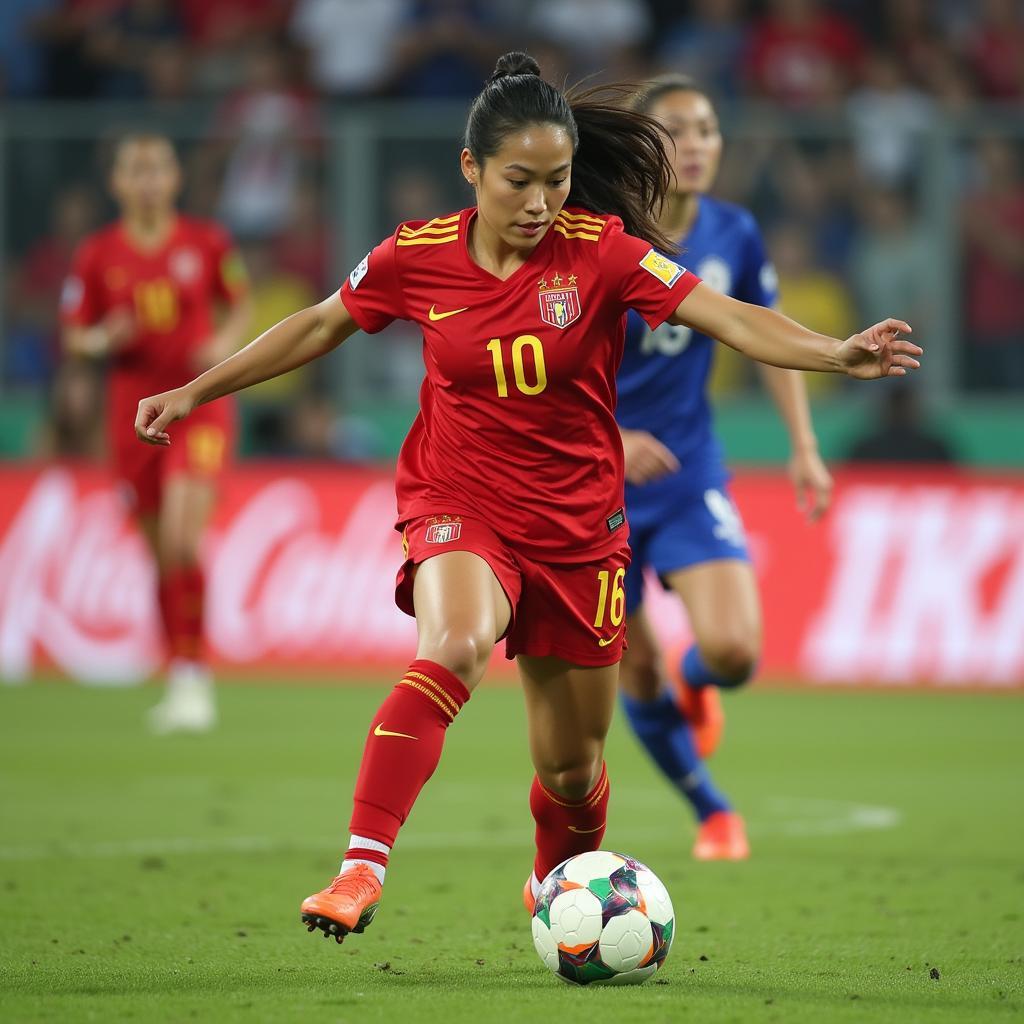 Nguyen Thi Thanh Huyen in action during a Vietnamese women's football match.